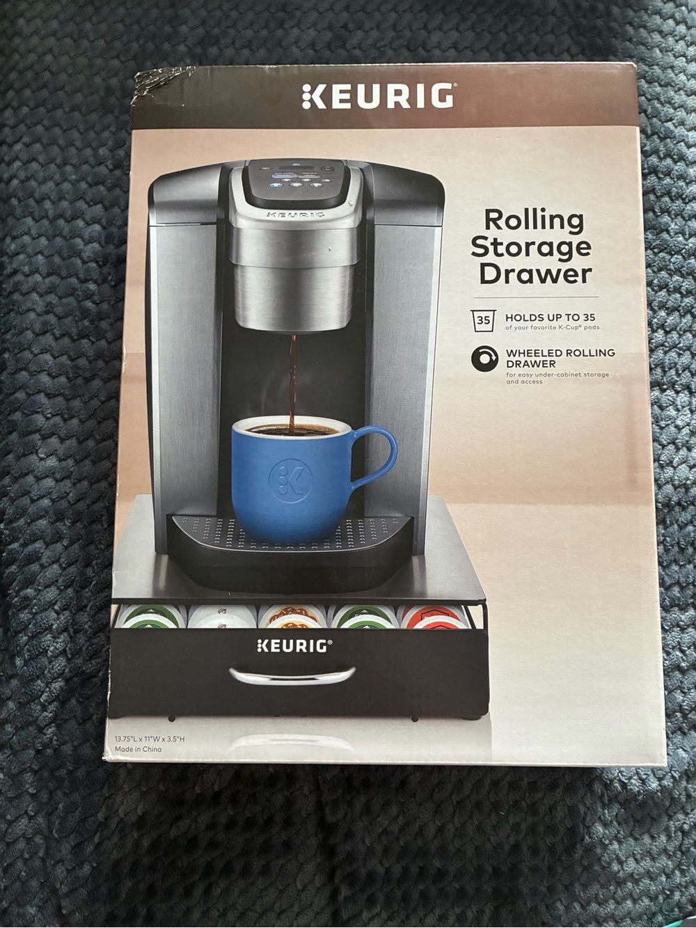 Keurig Black and Silver Rolling Storage Drawer with Coffee Machine Image